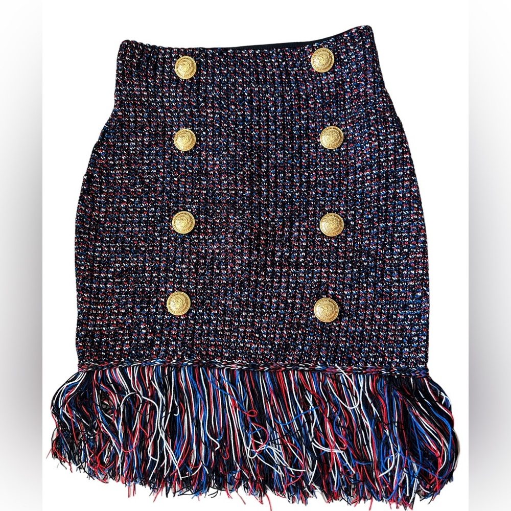 Balmain Fringe Tweed Multicolor Button Pencil Skirt